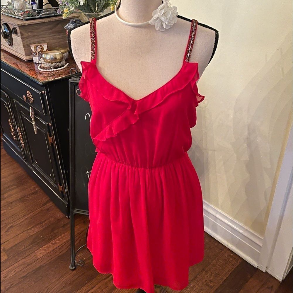 *Zara* *Barbiecore* Red Beaded Sheer Layered Ruffle Trim Dress Sz Small